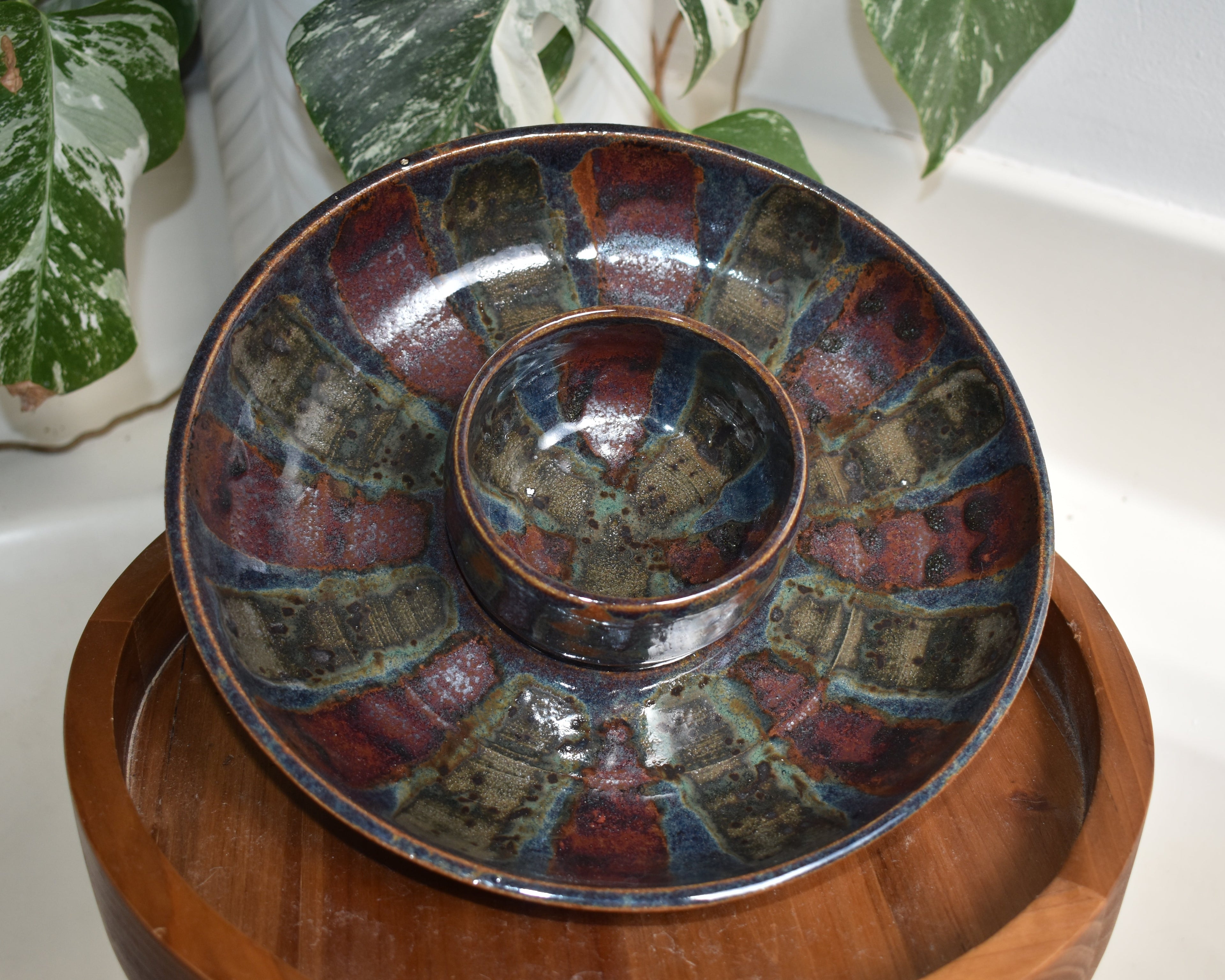 The Whole Spread – Handmade Ceramic Green, Blue, and Metallic Brown Glazed Chip & Dip Server