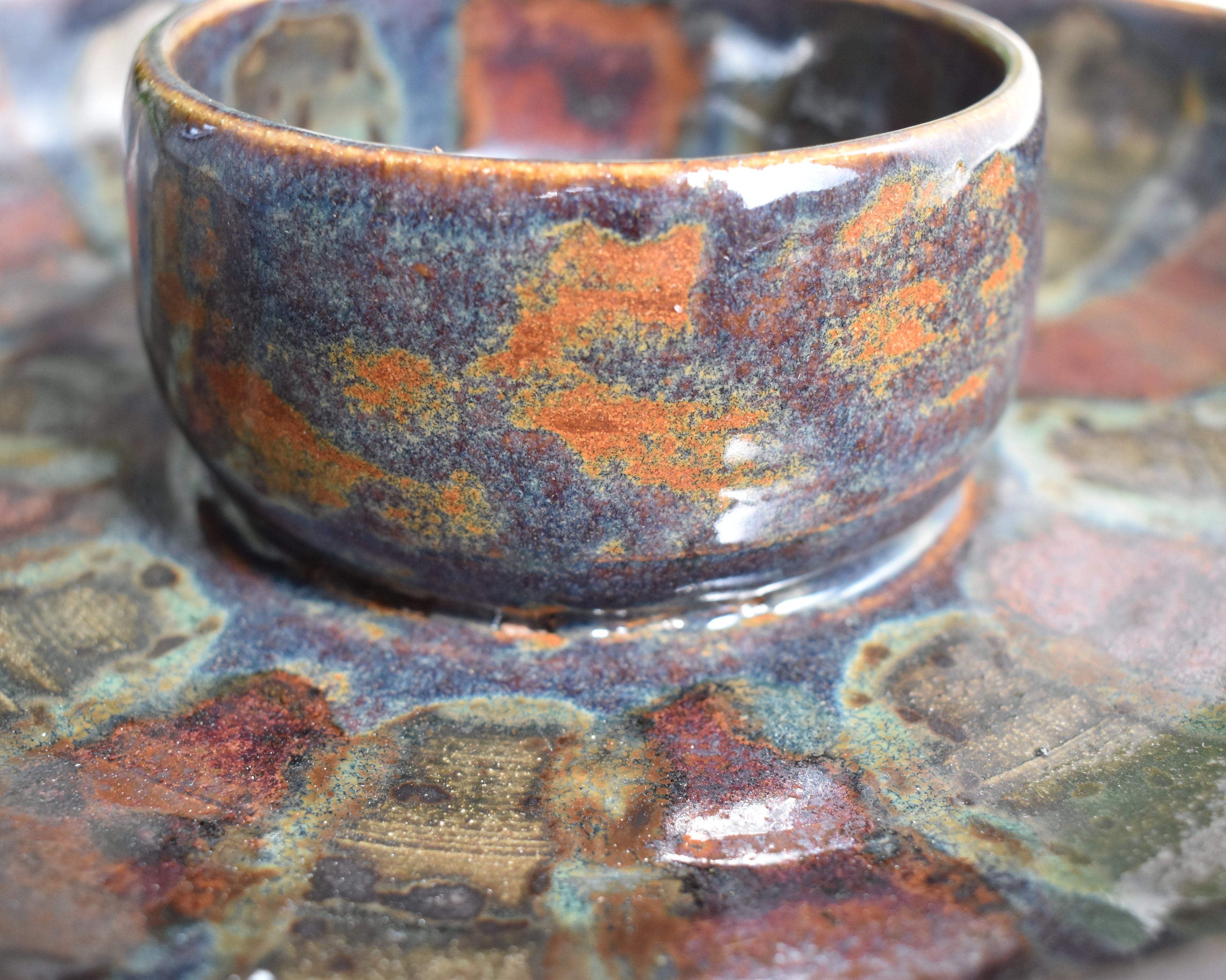 The Whole Spread – Handmade Ceramic Green, Blue, and Metallic Brown Glazed Chip & Dip Server