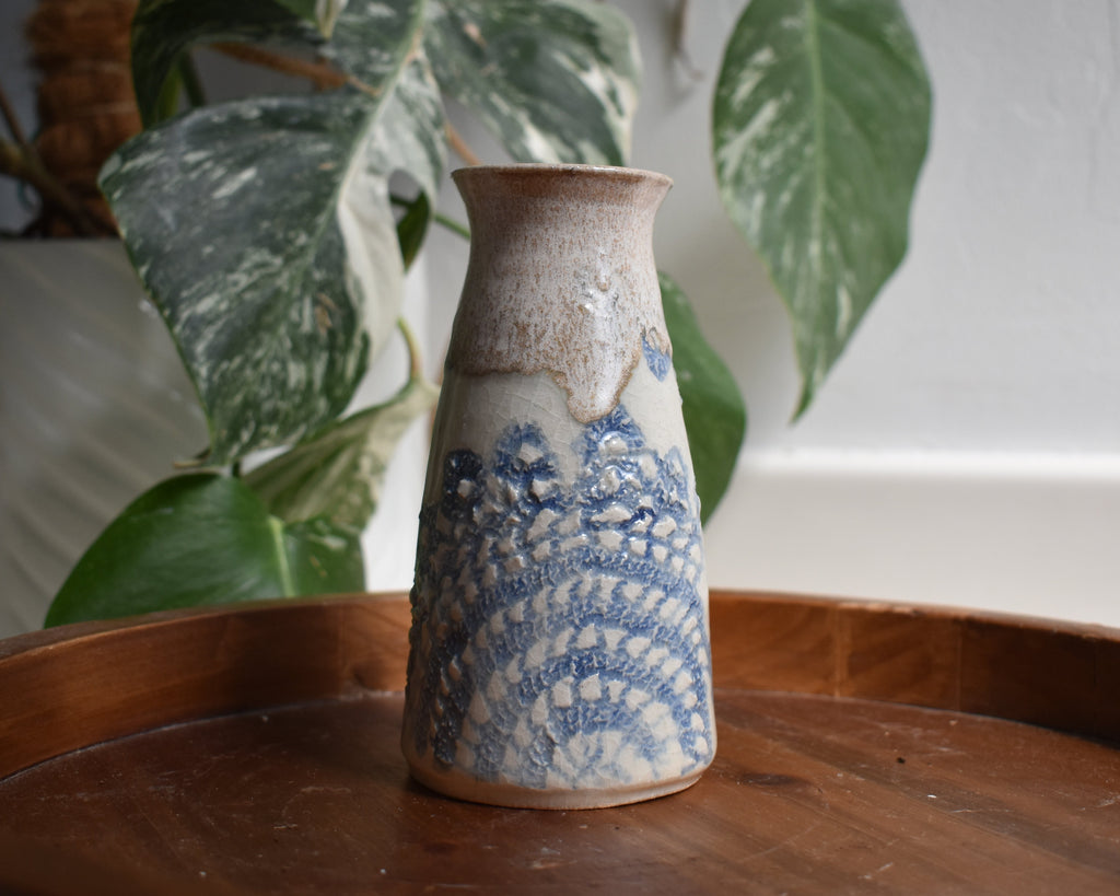 Threaded in Clay – Handmade Blue Stained Doily-Impression Ceramic Flower Vase