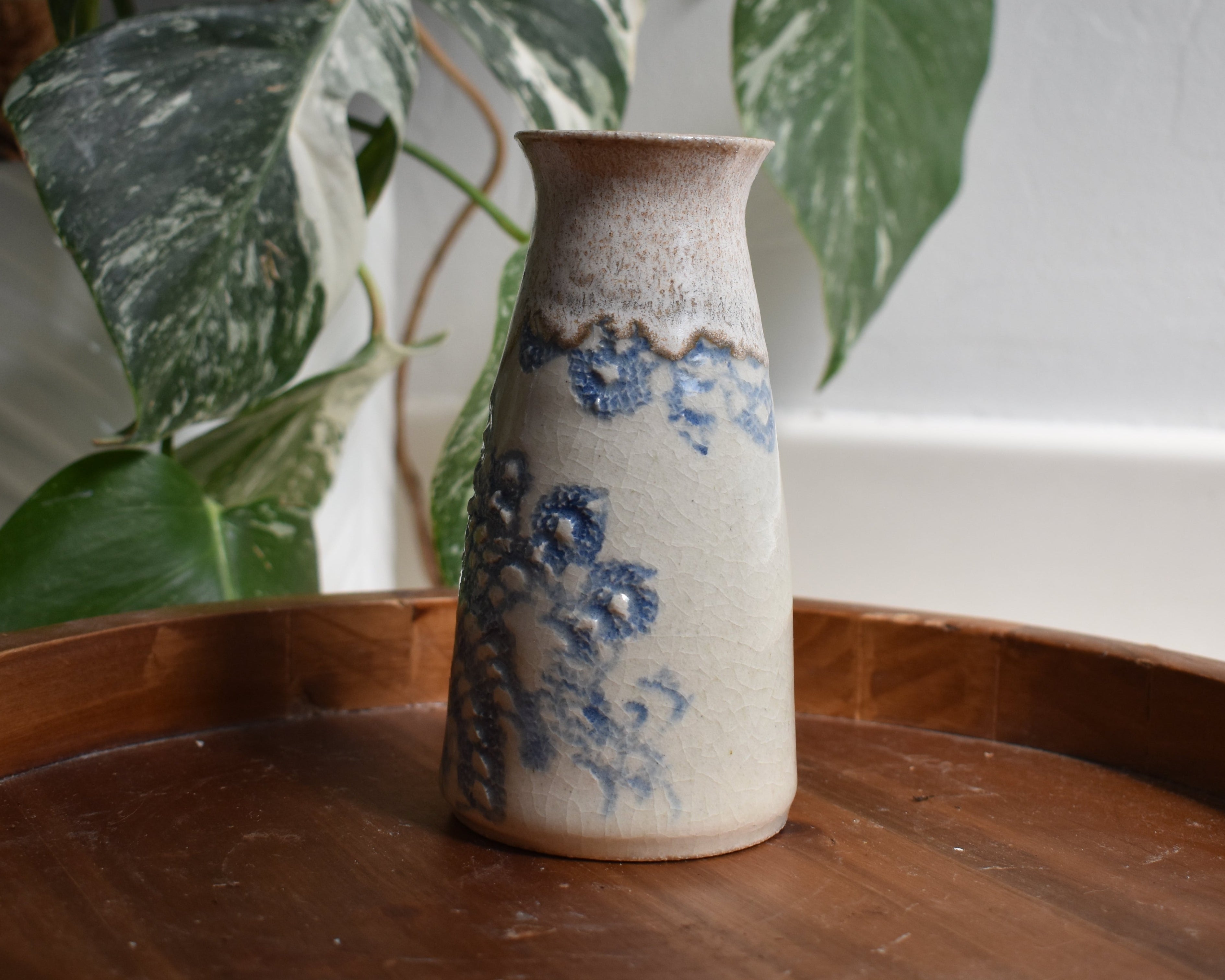 Threaded in Clay – Handmade Blue Stained Doily-Impression Ceramic Flower Vase