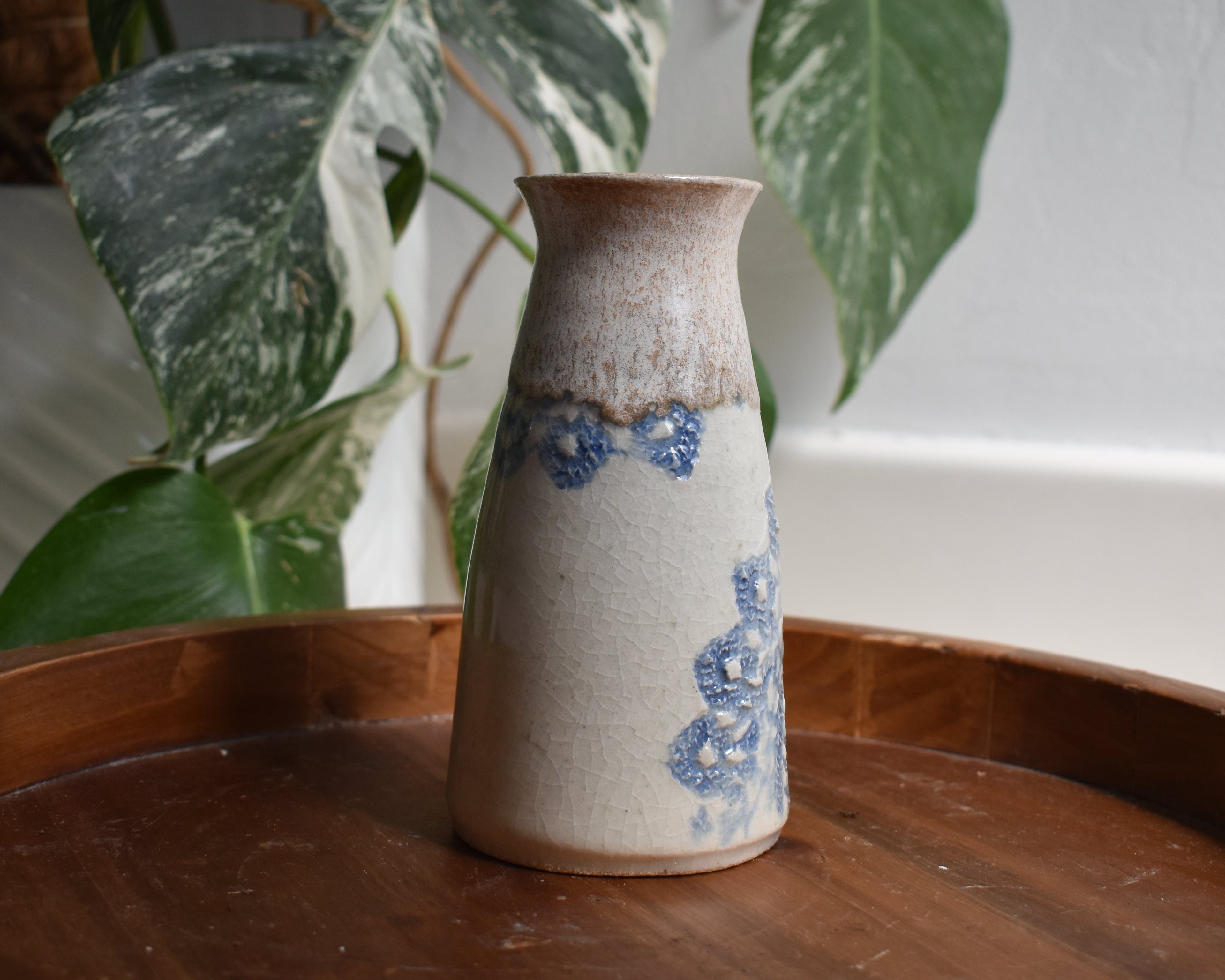 Threaded in Clay – Handmade Blue Stained Doily-Impression Ceramic Flower Vase