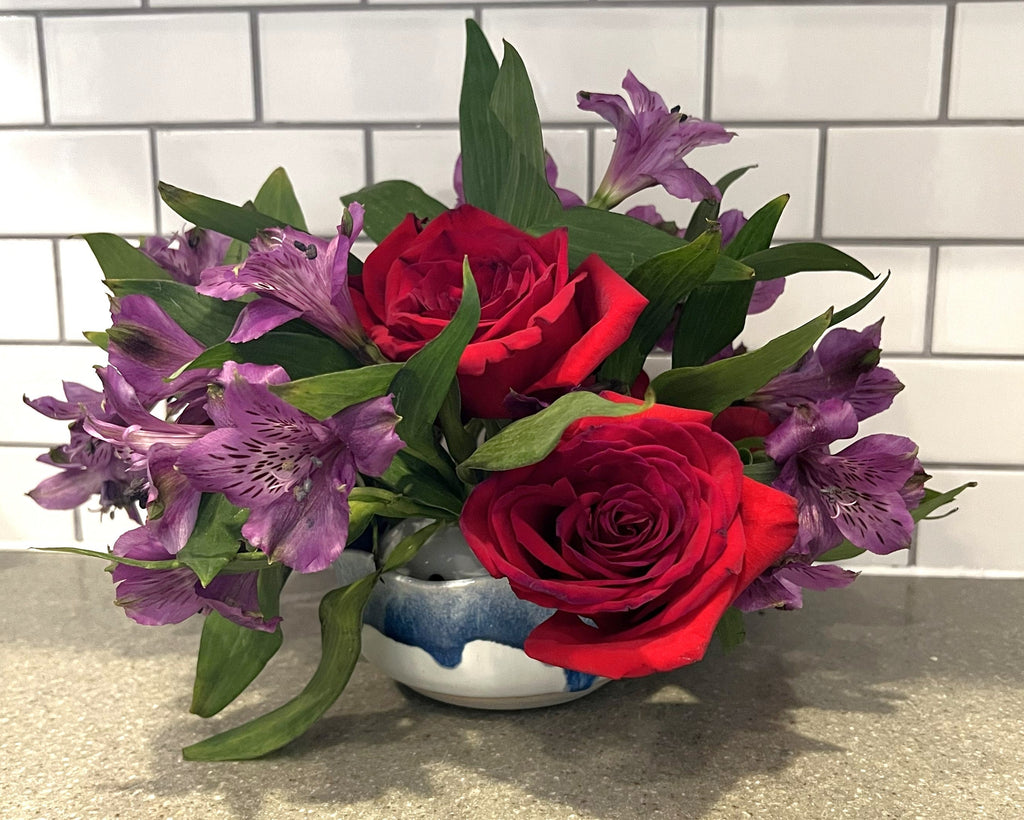 Blue Bloom Ceramic Flower Frog Bowl – White and Cobalt Handmade Floral Arranger