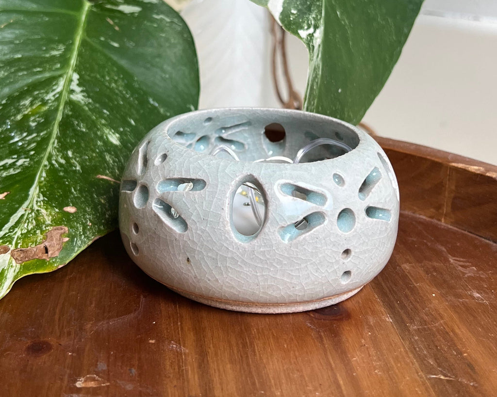 Dragonfly Dance Ceramic Luminary – Handmade Icy Blue LED Light Holder