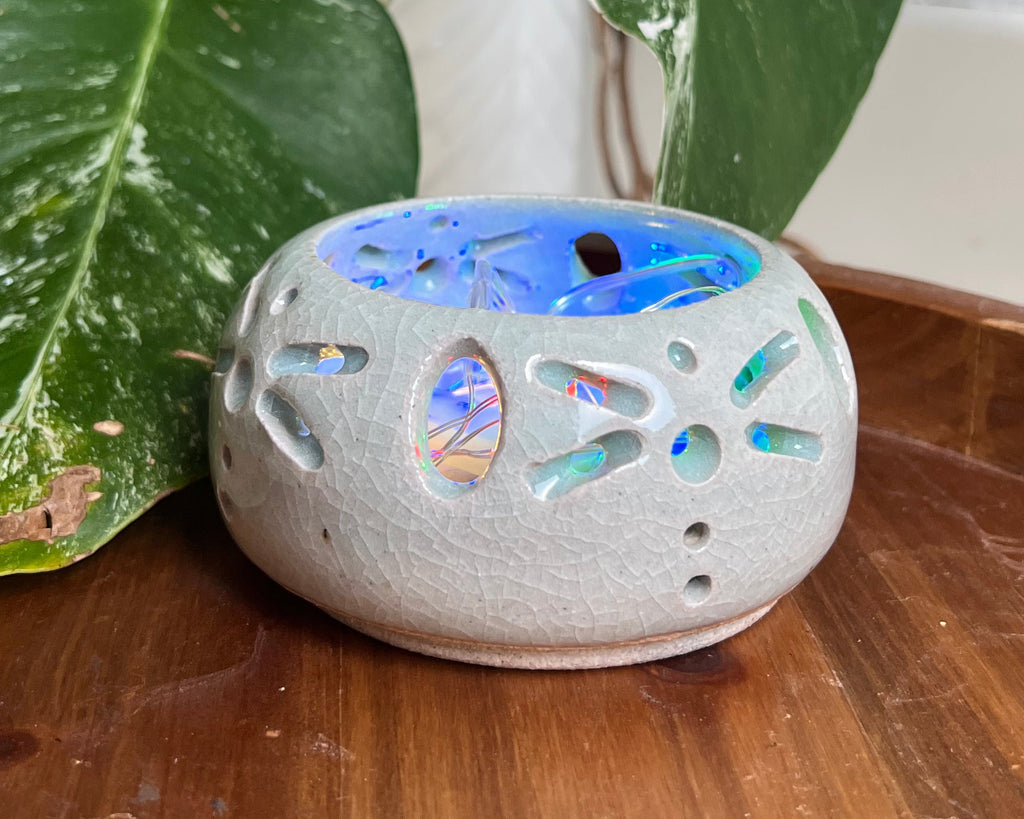 Dragonfly Dance Ceramic Luminary – Handmade Icy Blue LED Light Holder