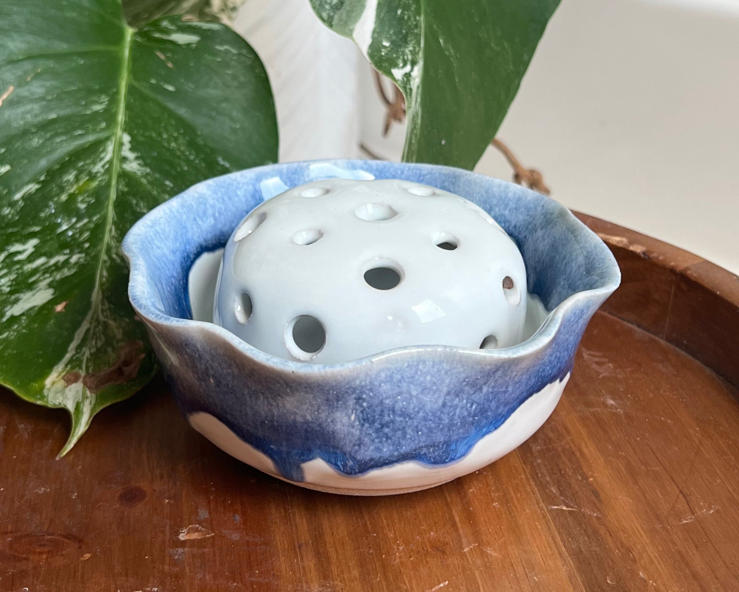 Blue Bloom Ceramic Flower Frog Bowl – White and Cobalt Handmade Floral Arranger