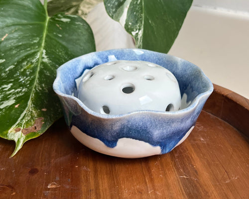 Blue Bloom Ceramic Flower Frog Bowl – White and Cobalt Handmade Floral Arranger