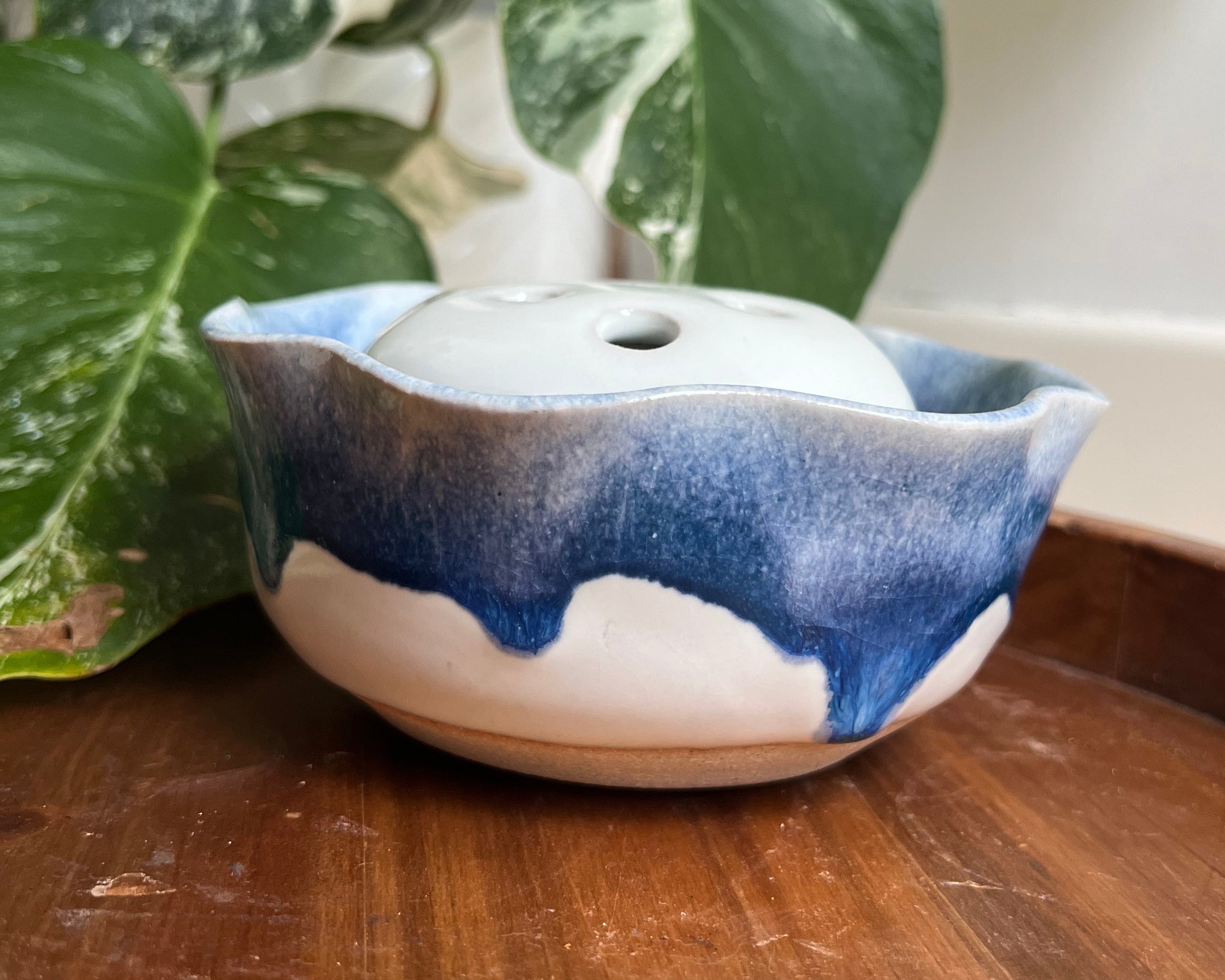 Blue Bloom Ceramic Flower Frog Bowl – White and Cobalt Handmade Floral Arranger