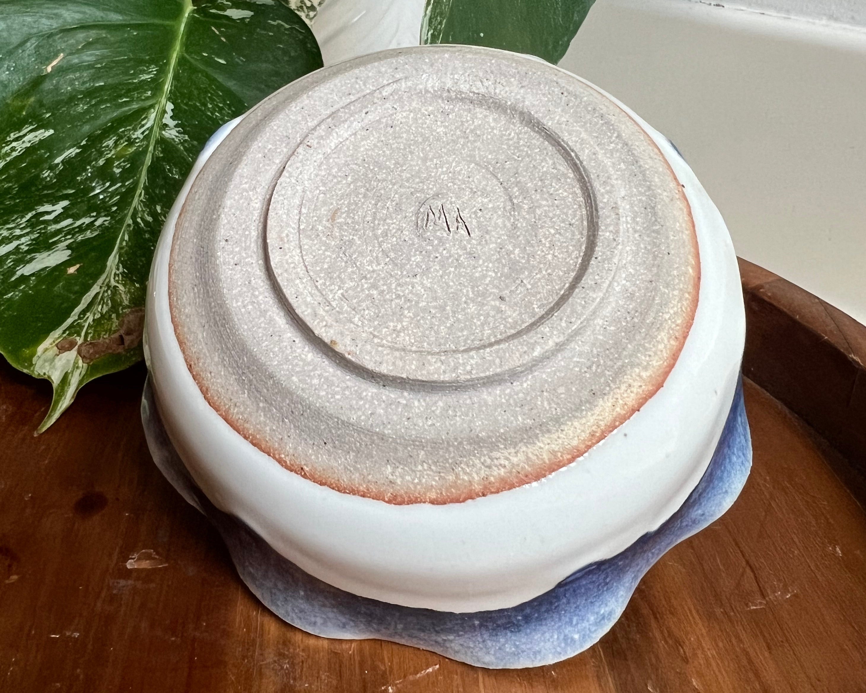 Blue Bloom Ceramic Flower Frog Bowl – White and Cobalt Handmade Floral Arranger